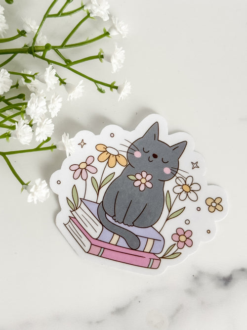 Cat Sitting On Books Sticker